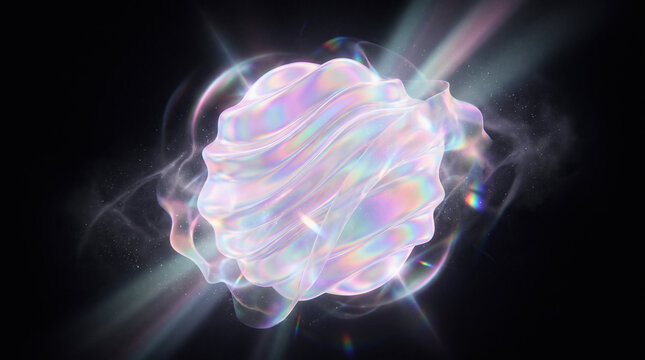 A dreamy, shimmering pastel-colored hologram floating in deep black space