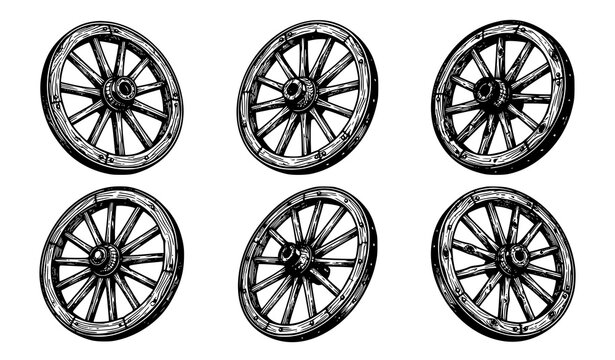 Vintage wooden wagon wheel vector illustration with rustic black and white hand drawn wood grain texture line art