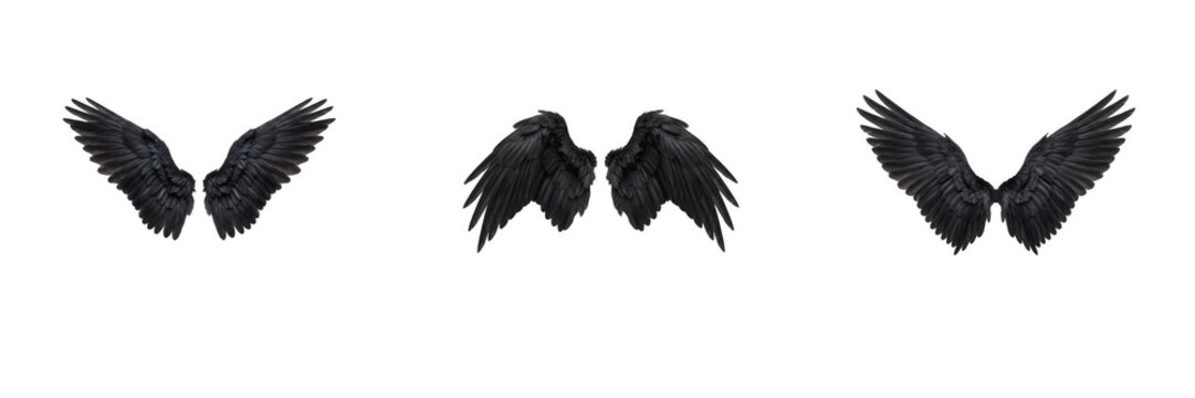 Black Angel Wings PNG Isolated Set on White Background, Dark Feathered Bird Wings for Gothic Fantasy Art, Halloween Costume Design, Tattoo Concepts, Photo Overlays, and Creative Graphic Illustration P