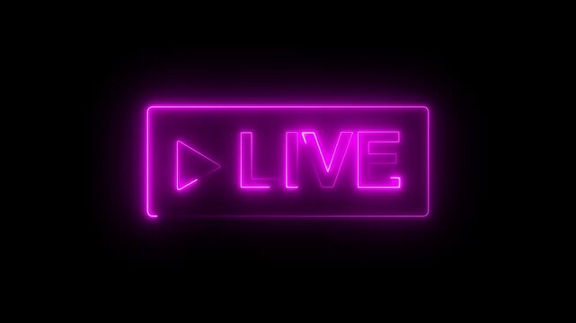 Neon Live streaming frame text icon animation glowing neon blue color font letter word template for streamers with play pause and circle rectangle with live show sign symbol.