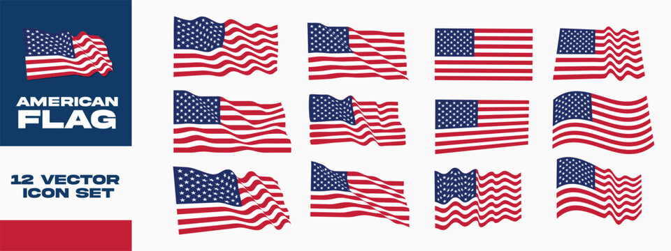 American flag icon set. transparent background USA national flag waving variations. united states patriotic independence day concept. flat vector set collection 