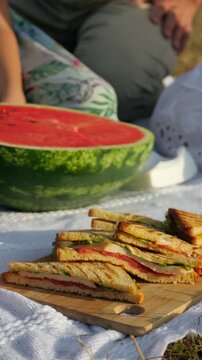 Delicious food and fresh fruits for a summer picnic laid out on a white blanket in a sunny meadow, creating a perfect setting for a relaxing meal outdoors with family or friends