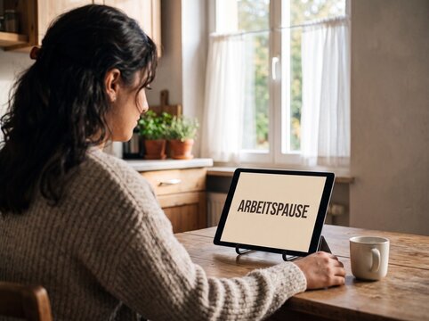 Junge Frau macht Arbeitspause am K&uuml;chentisch im Homeoffice mit Tablet und Kaffeetasse am Fenster