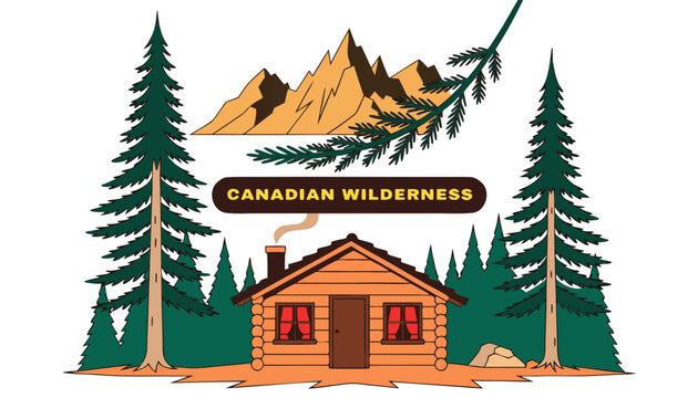 Very beautiful realistic vector illustration of a LOG CABIN & PINE FOREST featuring a bold travel label reading "CANADIAN WILDERNESS", rustic wooden cabin surrounded by towering pine trees, peaceful m