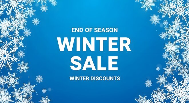 Blue winter sale promotion banner design featuring decorative white snowflakes for the first day of winter celebration