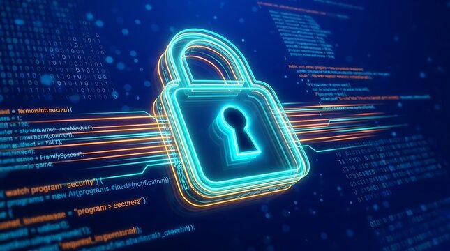 Secure digital padlock glowing neon blue and orange lines with abstract binary code background technology concept represents data encryption and cybersecurity protection.