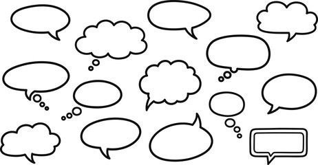 Fototapeta premium A collection of hand drawn speech bubbles and thought clouds in a simple black and white vector illustration for comic book design elements
