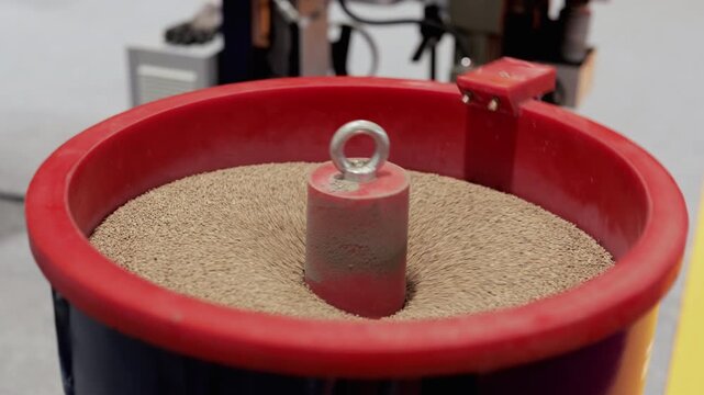 Modern vibratory tumbler polishes metal details with ceramic particles frictions in workshop closeup. Vibrating machine grinds parts to smooth at exhibition