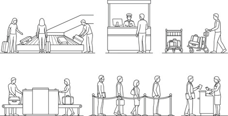 Obraz premium Line Art Vector Illustration Set of Airport Terminal Activities Passengers and Baggage Security