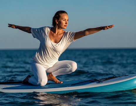 Woman practicing yoga on a paddleboard at sea.