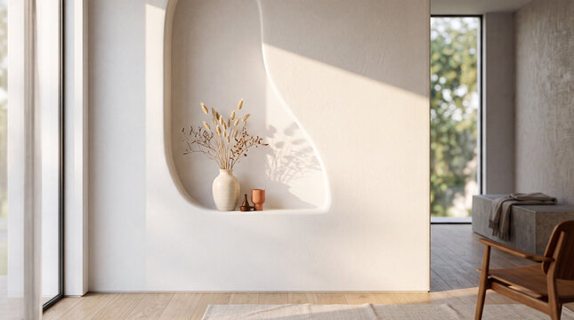 Minimalist Curved Plaster Wall Niche with Soft Sunbeam for Product Mockup Display