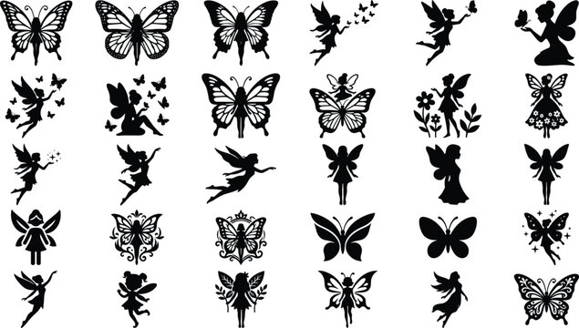 Decorative fairy and butterfly silhouettes for enchanting graphics and magical nature illustrations