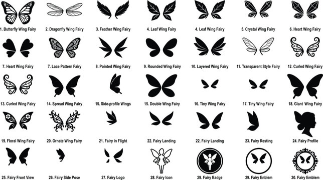 Detailed guide of thirty unique fairy wing styles presented in silhouette format for artistic reference