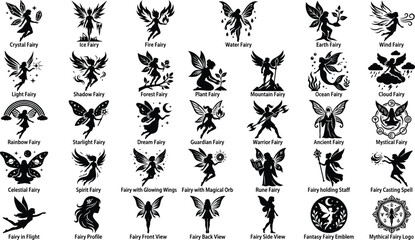 Set of elemental fairies featuring magic themes like fire ice water earth forest light and shadow spirits © Fensi