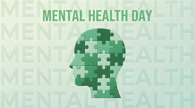 Conceptual illustration for world mental health day featuring a human head silhouette made of green jigsaw puzzle pieces