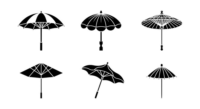 Set of 6 Black Silhouette Umbrellas, Parasols, Sunshades, Rain Protection, Decorative Accessories, Vector Graphics