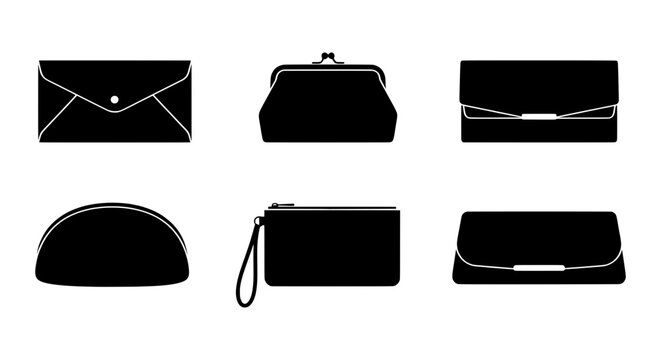Black Clutch Purses, Six Vector Icons for Fashion Accessories, Elegant Handbags Set