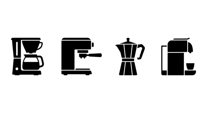 Coffee Maker Icons Set: Espresso Machine, Drip, Moka Pot, Pod Brewer Vector Graphics