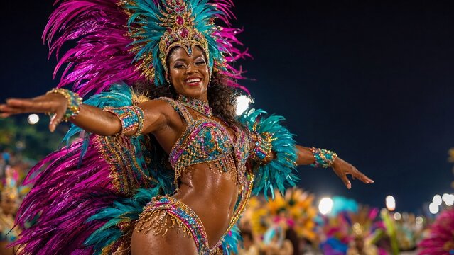 カラフルな羽飾りで踊るブラジルのサンバダンサー