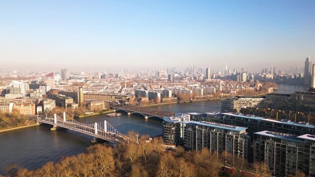 Aerial drone view of London skyline at sunrise 
