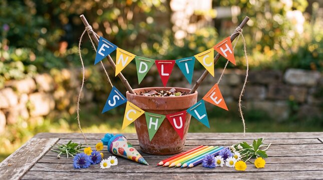 Bunte Wimpelkette mit Schriftzug endlich Schule an einem Blumentopf mit Schult&uuml;te und Buntstiften auf einem Holztisch im Garten