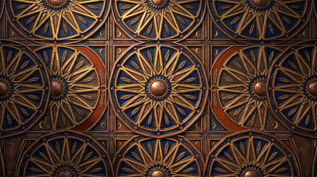 Ancient sun and wheat motif bronze relief texture pattern.