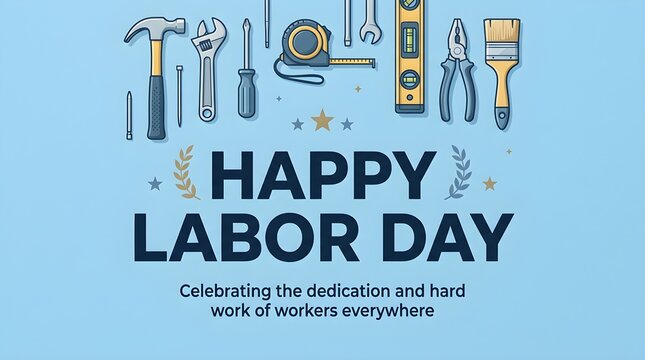 Happy Labor Day greeting card with hand tools, construction equipment on blue background, celebrating hard work and dedication of workers everywhere