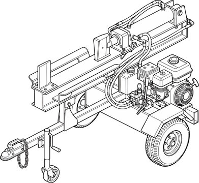 Detailed line drawing of a hydraulic log splitter, Industrial wood splitter with gas engine on trailer.