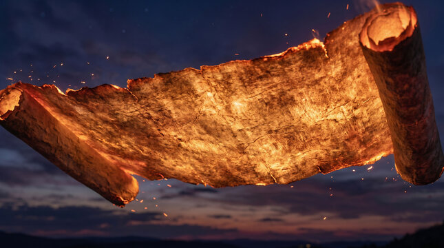 An angel providing an incredible, prophetic flying scroll to the prophet Zechariah, bringing a curse over the land