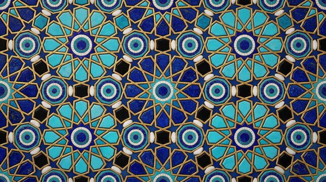 Detailed islamic mosaic pattern with blue and turquoise tiles, gold outlines and evil eye motifs.