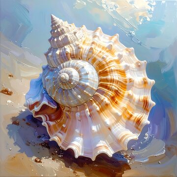 An artistic representation of a seashell, highlighted with warm hues, on a sandy surface, with a blurred backdrop