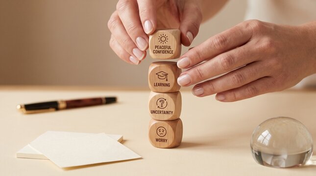 A person carefully stacking wooden cubes with written japanese characters on a light wooden table surface in a bright room