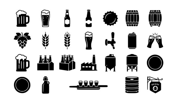 :
Beer Minimal Icons Set Black Vector Collection for Pub Restaurant Menu and Brewery Branding