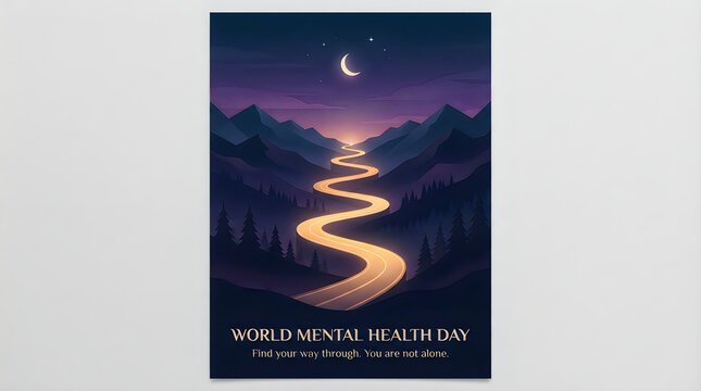 World mental health day poster featuring a glowing winding road through a peaceful forest landscape at night time