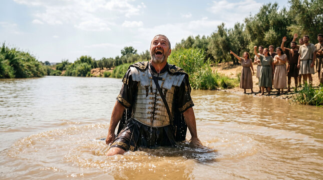 The Syrian commander Naaman miraculously healed of leprosy after dipping himself seven times in the muddy Jordan River