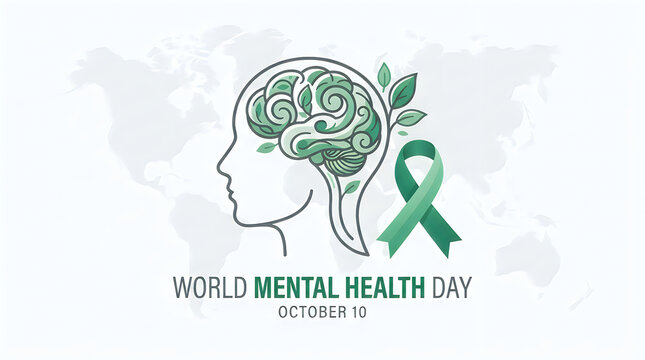 World mental health day concept illustration featuring a human head profile with brain and green awareness ribbon design