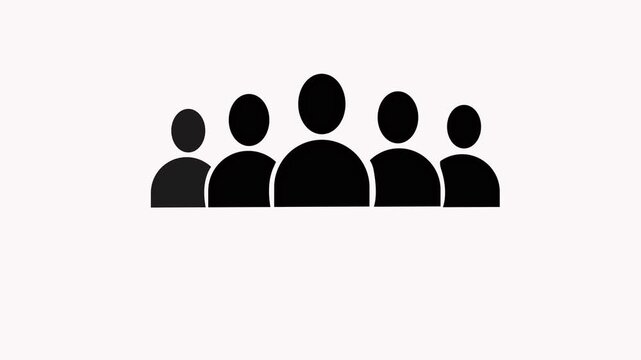 A group of white stylized people icons with rounded heads and bodies are animated on a black background Group of five people icon isolated animation on white background