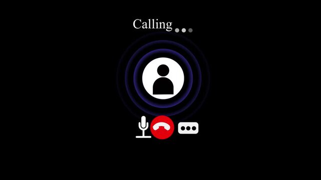 Video call interface with calling text and person icon on black communication online. 4k video animation