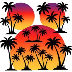 Fototapeta premium Collection of Tropical Palm Tree Island Black Silhouettes with Vibrant Sunset Circles Flat Vector Set on White Background