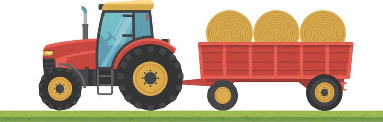 Red farm tractor, agricultural trailer carrying hay bales across countryside isolated vector illustration design composition © MdNurjamal