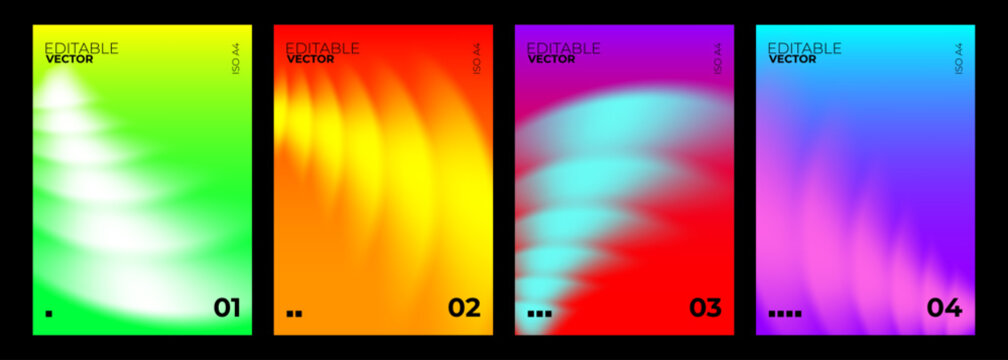 Abstract neon radial gradient mesh grid poster vector template set. Collection of four A4 vertical layouts with curved glowing light arches and concentric beams. Vector Illustrator AI
