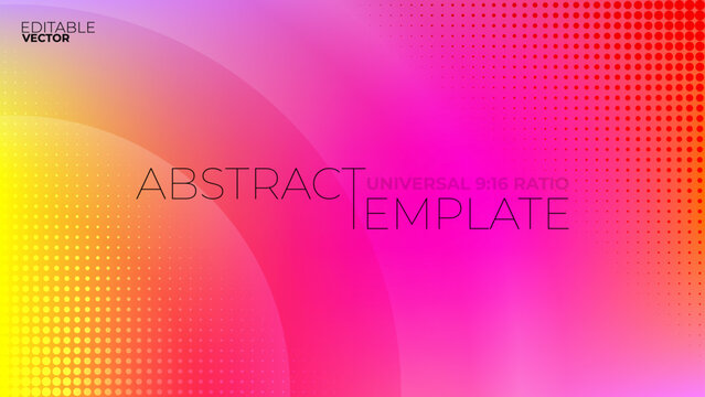 Abstract template of universal rotatable 9:16 ratio. Neon rainbow fuchsia pink gradient mesh with concentric halftone dot circles for web, social media, wallpaper, cover, modern design. Vector AI
