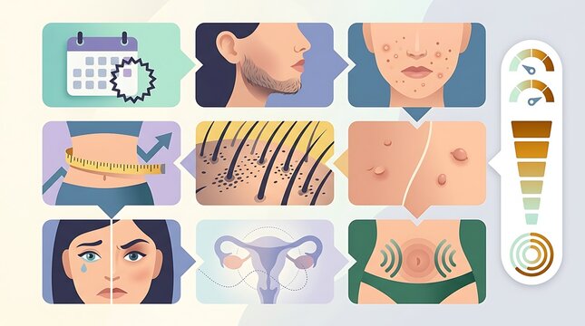 Infographic showing polycystic ovary syndrome symptoms and indicators