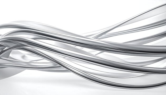 An artistic representation of flowing, metallic ribbons against a soft white background, creating an abstract and dynamic pattern