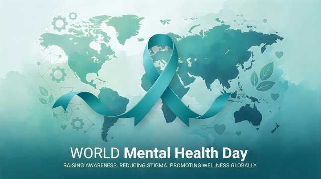World mental health day concept featuring a green awareness ribbon over a global map for international support awareness