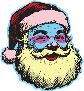 Retro pop art style santa claus portrait with winking expression christmas portrait illustration halftone celebration december cheerful mustache character traditional greeting