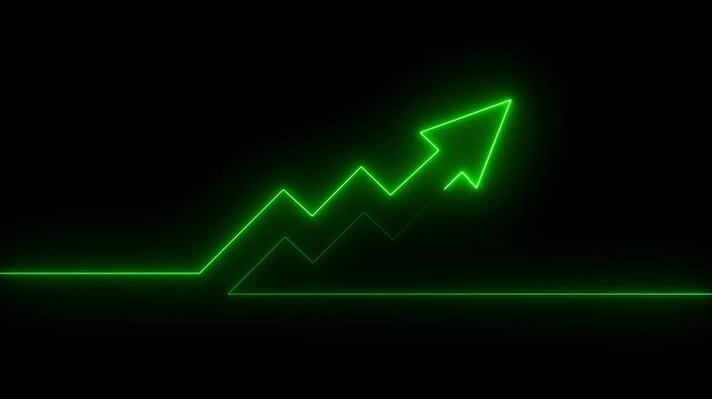 Abstract neon arrow business graph chart icon animation background. Market Recovery Concept. Successful growth trend Green line graph going Up. on the black, background Financial data and diagrams