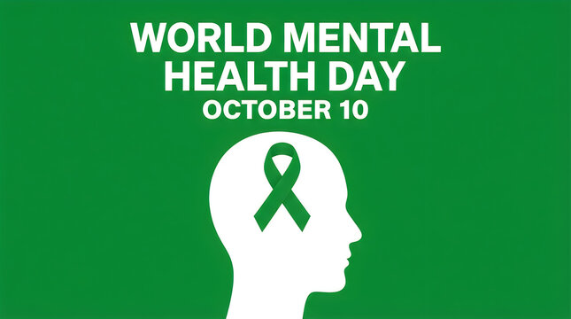 World mental health day graphic design with a green awareness ribbon inside a human head silhouette on background