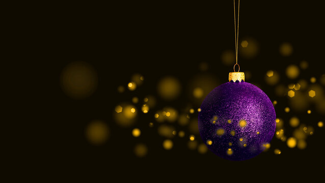 Purple glitter Christmas bauble hanging on a dark background with golden bokeh lights. Elegant festive holiday decoration with copy space for greeting cards, banners, and seasonal designs