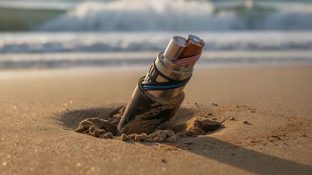Medium shot of submarine telecom cable emerging from sandy beach with ocean waves blurred in the background highlighting the cable landing point.